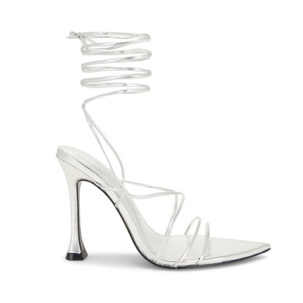 Camila Coelho Jolie metallic silver ankle wrap sandals heels